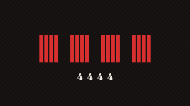 Vier Gruppen zu je vier roten Impulsen auf dunklem Grund, der Blinkcode 4444