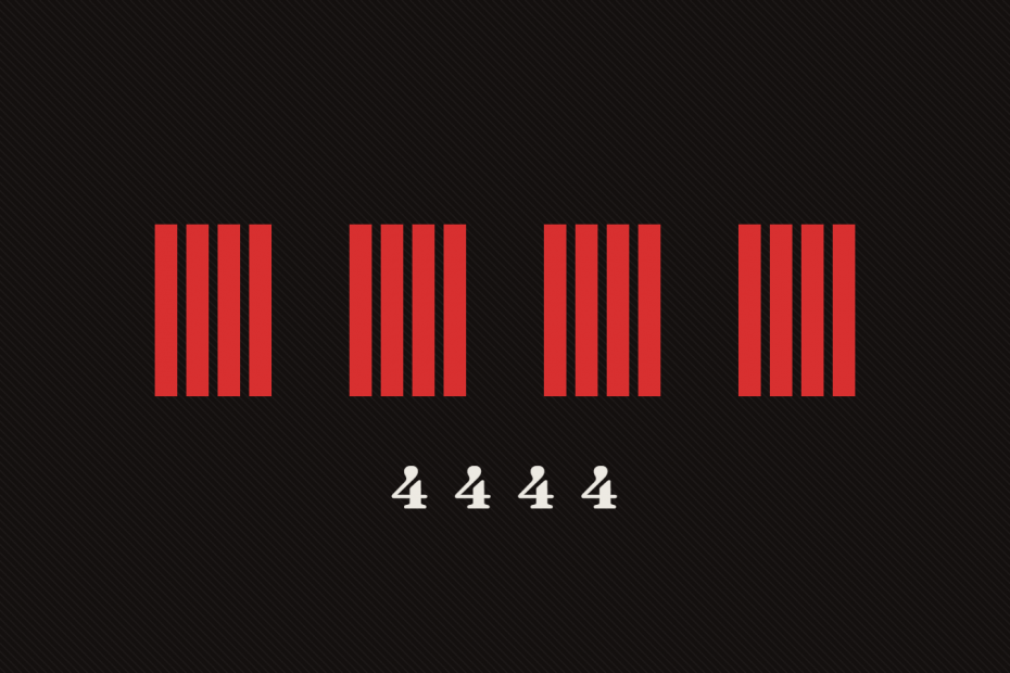 Vier Gruppen zu je vier roten Impulsen auf dunklem Grund, der Blinkcode 4444