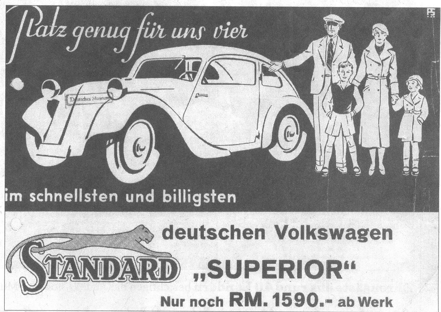 Zeitgenössische Anzeige für den Standard Superior mit dem Wort Volkswagen