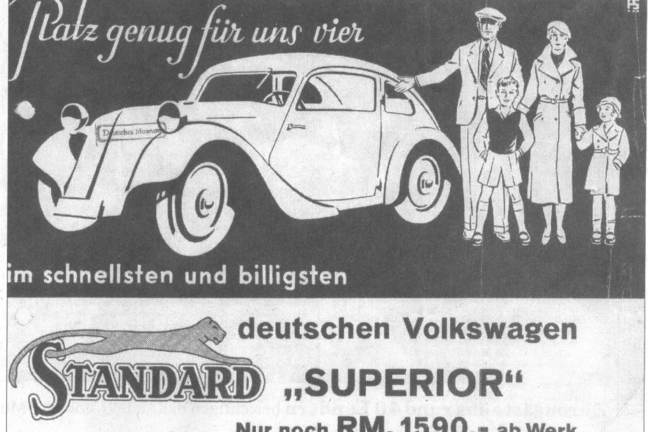 Zeitgenoessische Werbeanzeige fuer den Standard Superior mit dem Slogan Platz genug fuer uns vier
