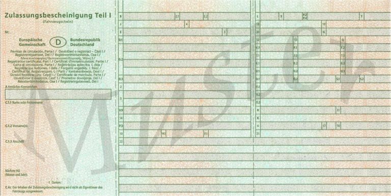 Vorderseite des amtlichen Formulars der Zulassungsbescheinigung Teil I mit den Feldern A bis X