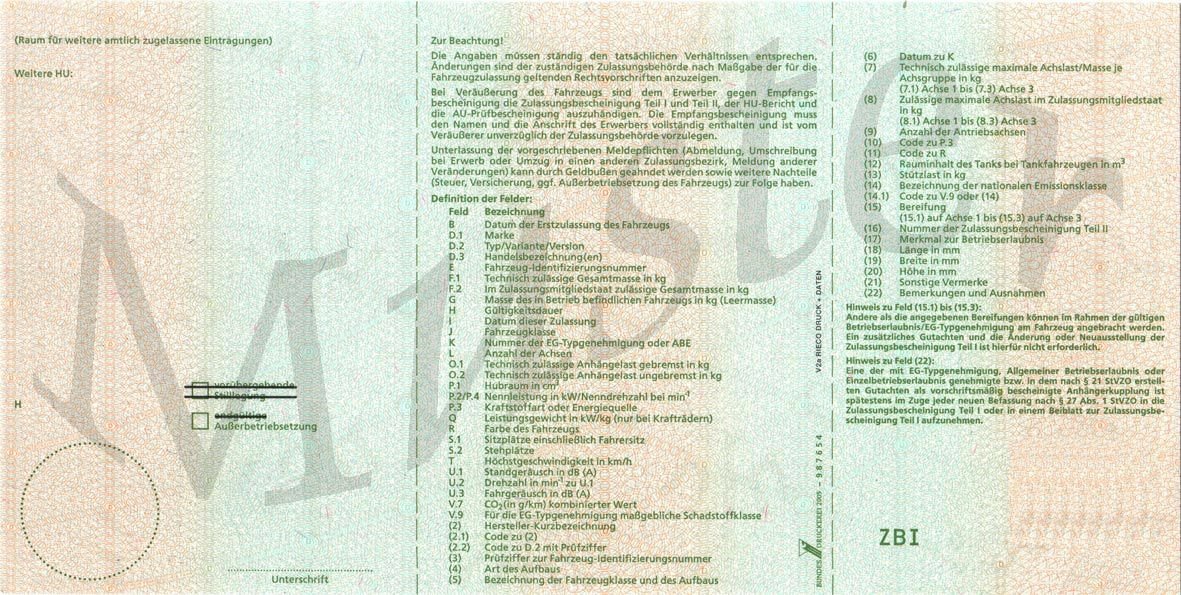 Rückseite des amtlichen Formulars der Zulassungsbescheinigung Teil I mit den nationalen Ziffernfeldern